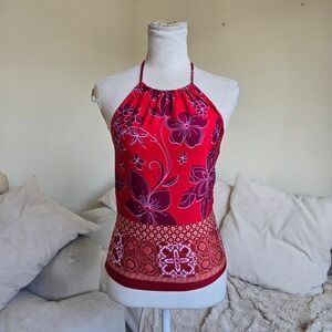 Vtg y2k Selections Red Floral Halter Top Sleeveless Blouse Y2K Women's Medium